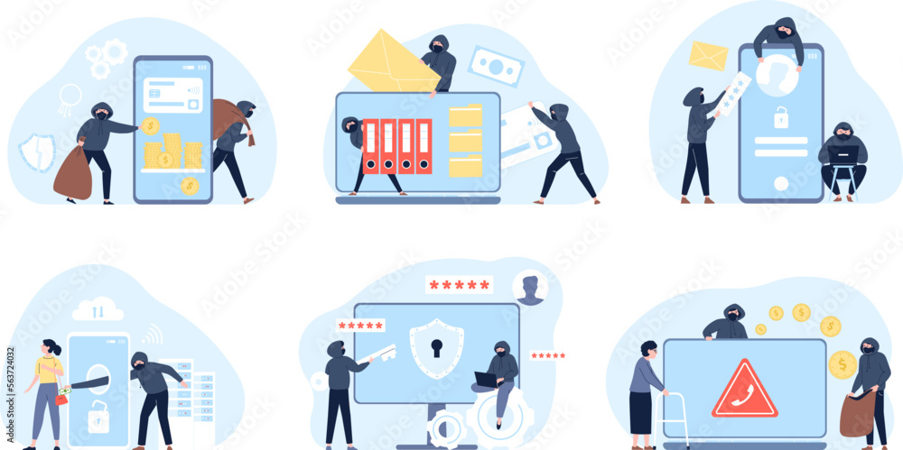 Poster information hacking, security money and hacks computer. cartoon internet hackers, protection and the