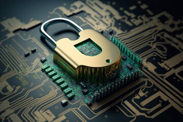 security lock on computer circuit board - computer security concept