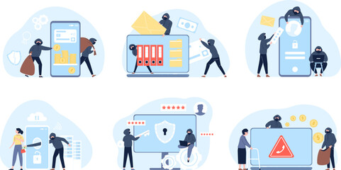 Information hacking, security money and hacks computer. Cartoon internet hackers, protection and theft. Flat digital fraud and cyber crime recent vector scene