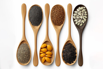 Fototapeta na wymiar sesame, flax seed, sunflower seeds, pumpkin seed, chia and black seed in wooden spoons on a white background