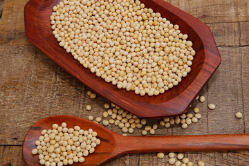 Soya beans closeup on wooden platter. Brazil