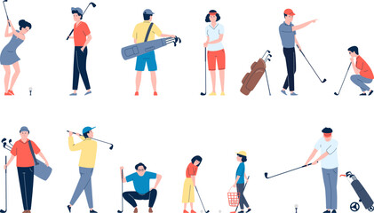 Fototapeta na wymiar Flat golf players characters with bags. Golf club champion person, golfing players kids and adults. Sport time and training, recent vector set