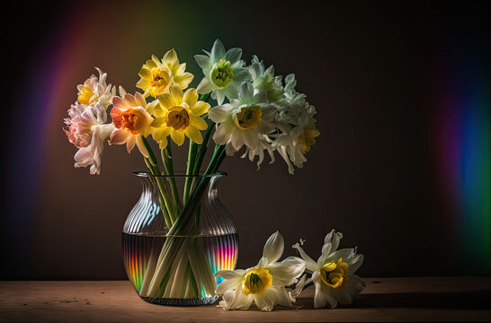 daffodils in vase with rainbow light. Generative AI image.