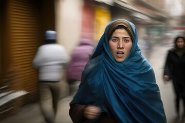 Middle Eastern  woman wearing a hijab running in the street of a North African city. Generative AI