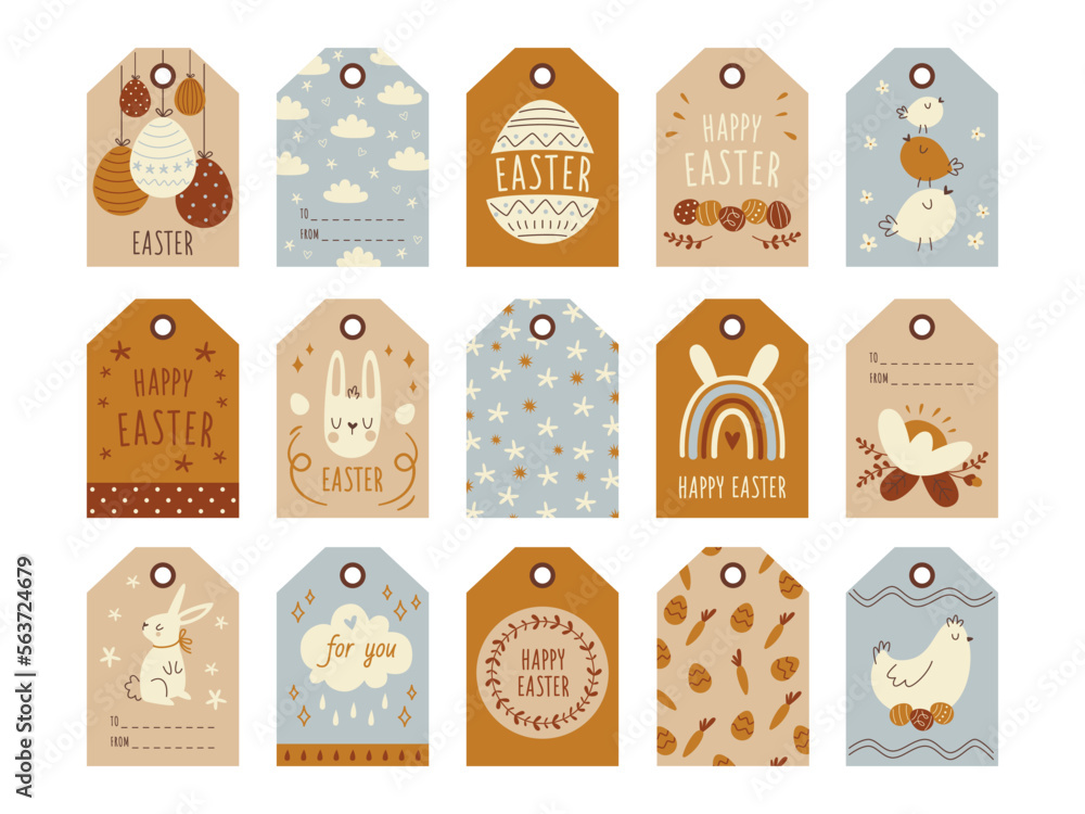 Sticker Easter tags flat icons set. Labels with different spring holidays elements. Hand drawn rabbit, chicks, eggs