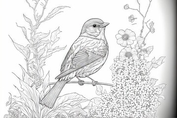  a bird sitting on a branch in a garden with flowers and plants around it, black and white drawing, with a black and white background of a flower and a bird on the branch. Generative AI 