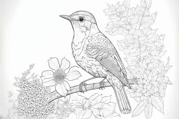  a bird sitting on a branch with flowers in the background and a white background with a black outline of the bird and the branch with flowers in the foreground is a white background. Generative AI 