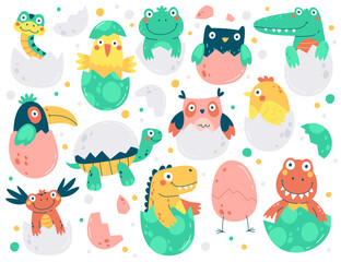Cute chicks and reptile hatched from an egg flat icons set.