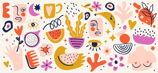 Hand drawn abstract girly doodles flat icons set