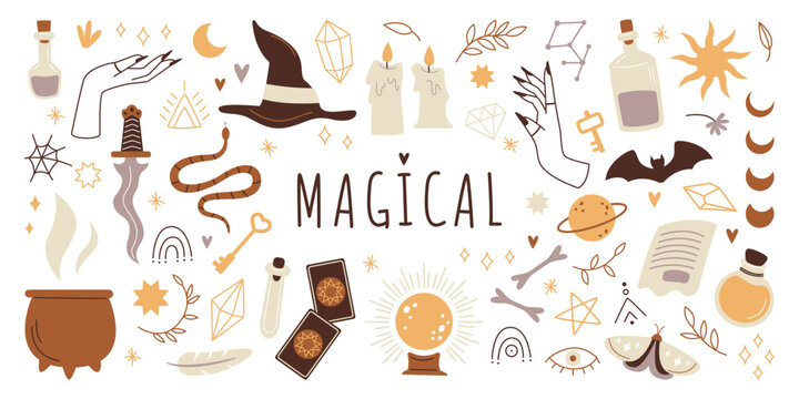 Magical elements flat icons set. Mystical elements. Poisons, magic symbols, bat, tarot, crystal ball for magic rituals