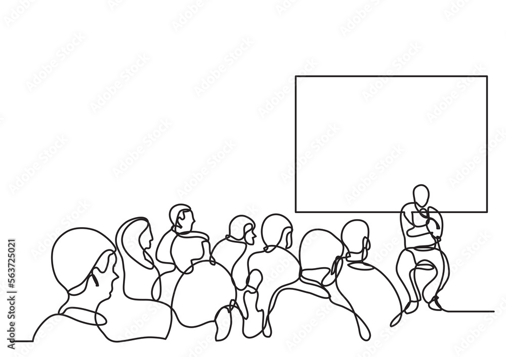 Poster continuous line drawing vector illustration with fully editable stroke of attendees and presenter