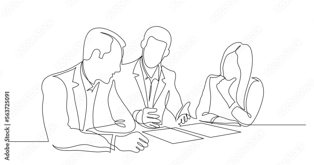 Poster continuous line drawing vector illustration with fully editable stroke of business partners discussi