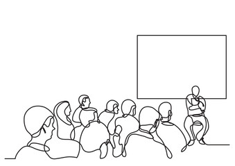 continuous line drawing vector illustration with FULLY EDITABLE STROKE of attendees and presenter