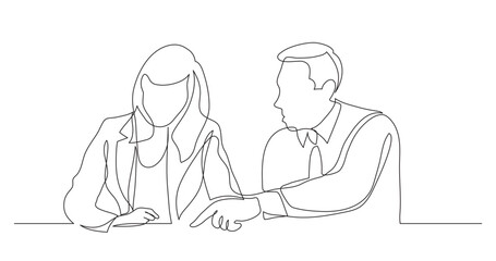 continuous line drawing vector illustration with FULLY EDITABLE STROKE of business colleagues helping during working process