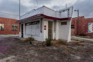 Vintage architecture of old gas station left abandoned in a small town in rural Georgia