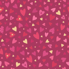 Cute red, pink hearts seamless pattern. Lovely romantic background for Valentine's Day, Mother's Day, wedding. Suitable for wrapping paper, postcards, invitations.