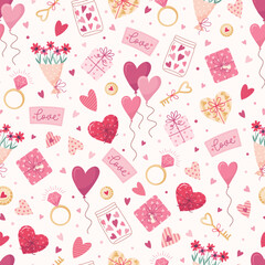 Vector seamless pattern with hearts, bouquets, balloons, gifts and wedding ring. Lovely romantic background for Valentine's Day, Mother's Day, wedding. Suitable for wrapping paper, postcards.