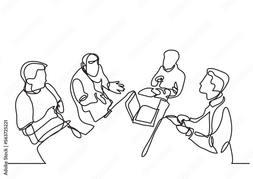 Poster continuous line drawing vector illustration with fully editable stroke of team discussion