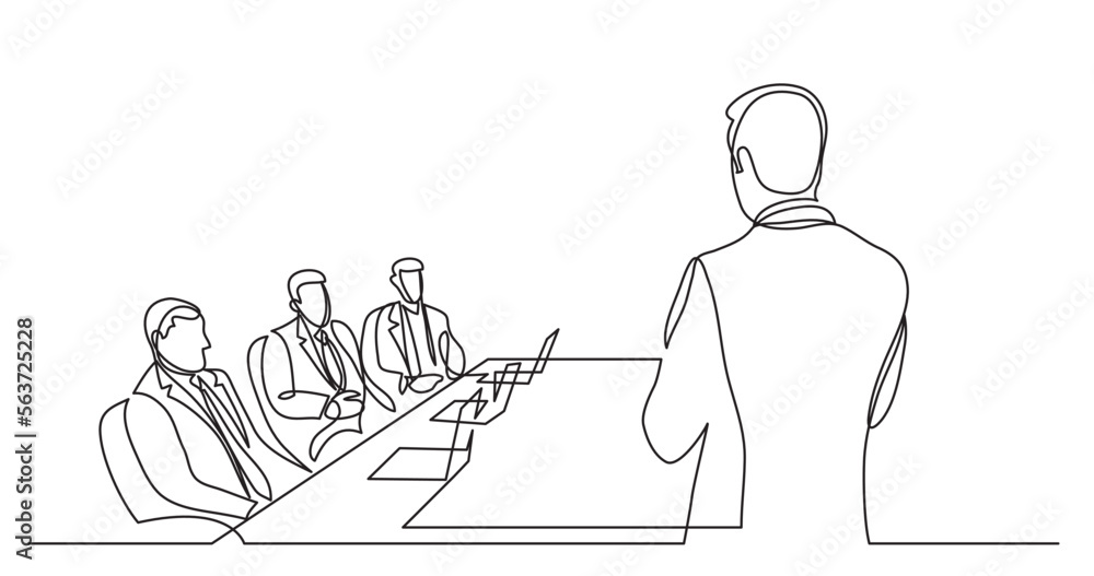 Poster continuous line drawing vector illustration with fully editable stroke of team leader talking before