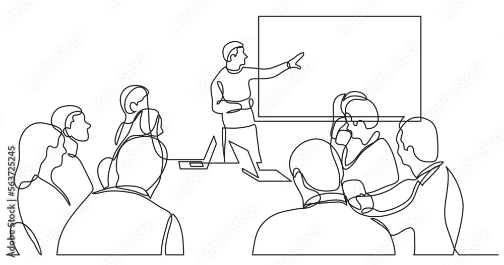 Poster continuous line drawing vector illustration with fully editable stroke of team member explaining wor