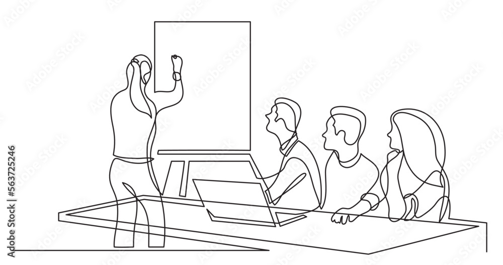 Poster continuous line drawing vector illustration with fully editable stroke of team member making present