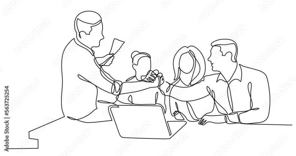 Poster continuous line drawing vector illustration with fully editable stroke of team members shaking hands