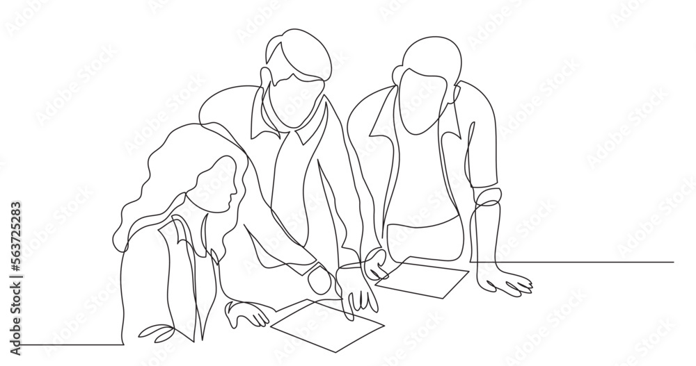 Aufkleber continuous line drawing vector illustration with fully editable stroke of three coworkers discussing