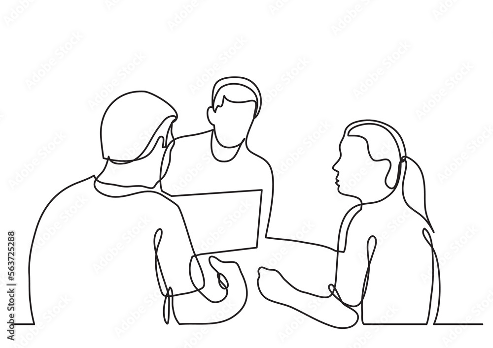 Poster continuous line drawing vector illustration with fully editable stroke of three coworkers discussing