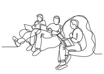 Fototapeta na wymiar continuous line drawing vector illustration with FULLY EDITABLE STROKE of programmers with laptops on bean bags