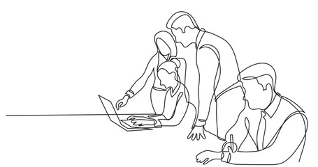 continuous line drawing vector illustration with FULLY EDITABLE STROKE of team members working on work project in office space