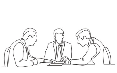 continuous line drawing vector illustration with FULLY EDITABLE STROKE of three businessmen discuss details of business deal during metting continuous line drawing