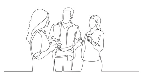 continuous line drawing vector illustration with FULLY EDITABLE STROKE of three coworkers chatting drinking coffee