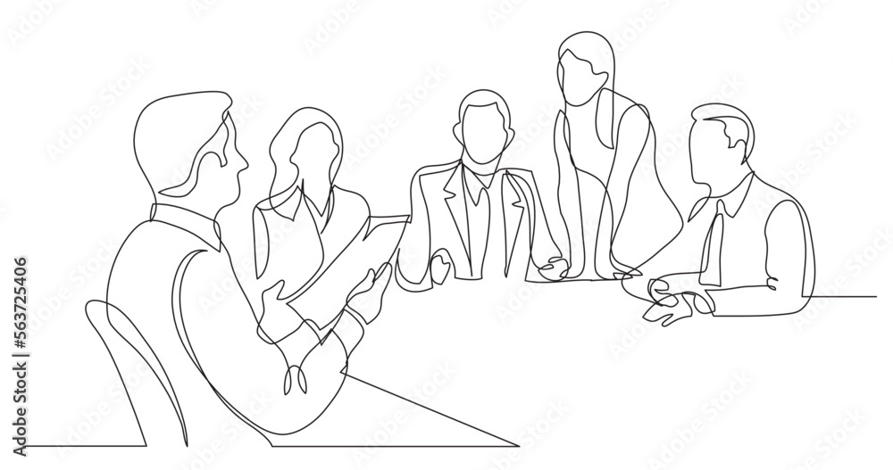 Poster continuous line drawing vector illustration with fully editable stroke of work group talking during 