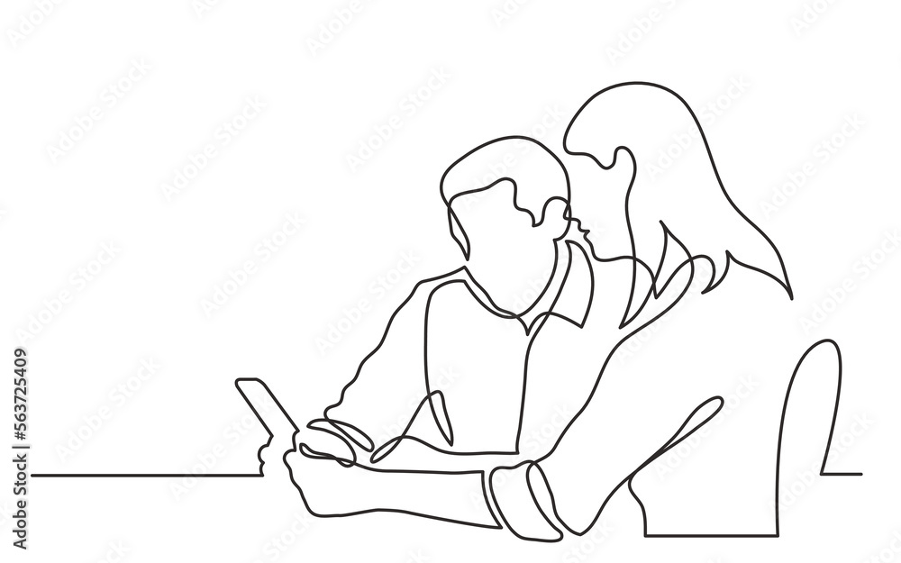 Poster continuous line drawing vector illustration with fully editable stroke of two young professionals di