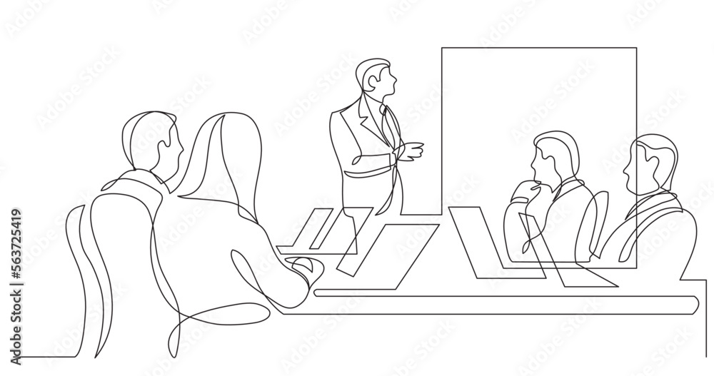 Poster continuous line drawing vector illustration with fully editable stroke of work group watching presen