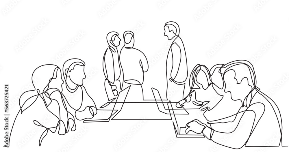 Poster continuous line drawing vector illustration with fully editable stroke of work team discussion in co