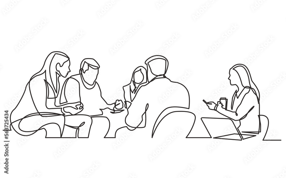 Wall mural continuous line drawing vector illustration with fully editable stroke of work team having meeting