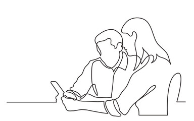 continuous line drawing vector illustration with FULLY EDITABLE STROKE of two young professionals discussing project as team on tablet continuous line drawing