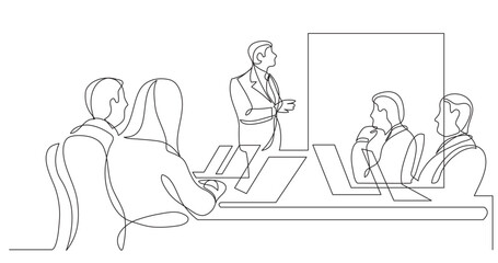continuous line drawing vector illustration with FULLY EDITABLE STROKE of work group watching presentation during team meeting