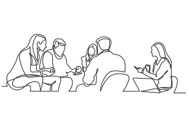continuous line drawing vector illustration with FULLY EDITABLE STROKE of work team having meeting