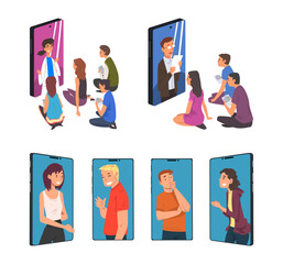 Smartphone Screen with People Character Communicating with Each Other Online Via Internet Vector Set