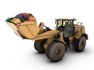 bunte Boxen auf der Schaufel eines Radladers