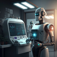AI in Healthcare. A raster illustration depicting a robot or machine working alongside a medical professional, symbolizing the integration of artificial intelligence and machine learning technology 