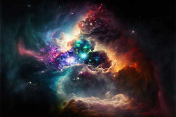 Outer deep vast space endless nebula galaxy wallpaper background. Cosmology and Astronomy. Ai generated