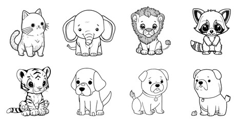 Coloring page. Set of large animals for coloring on a white background. Outline vector illustration for kids. Cute cartoon characters - cat, elephant, lion, raccoon, tiger and dogs. Black line vector 