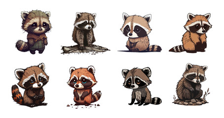 Set of cute cartoon raccoons. Collection of cute sad raccoons. Emotion of a little raccoon. Animal cartoon character design. Flat vector illustration isolated on white background. Vector illustration © marikova