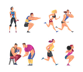 Fototapeta na wymiar Muscled Man and Woman Sportsman Training in Gym Doing Physical Workout with Their Personal Trainer Vector Set