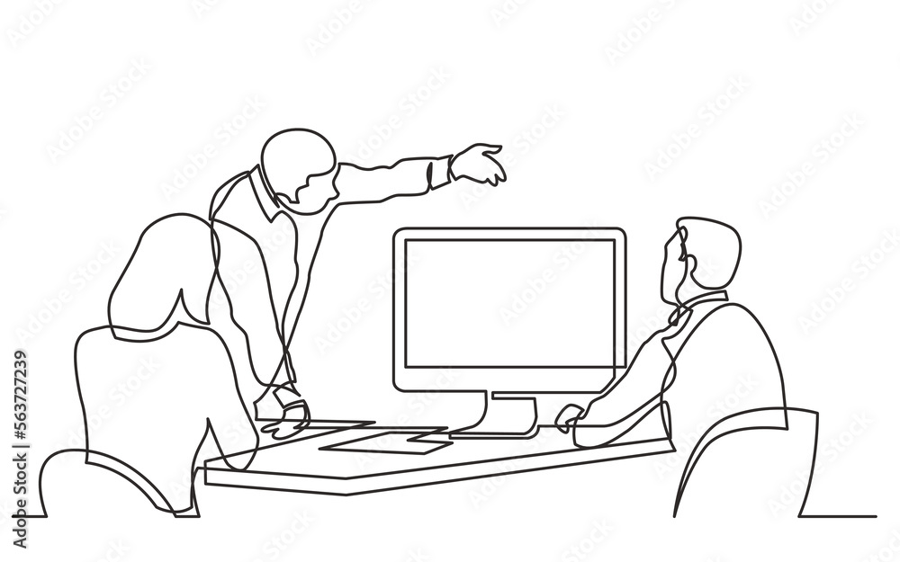 Poster continuous line drawing vector illustration with fully editable stroke of business team members disc