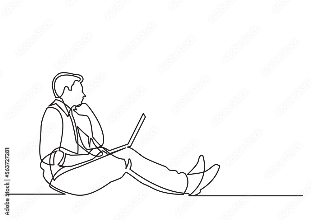 Poster continuous line drawing vector illustration with fully editable stroke of businessman sitting thinki