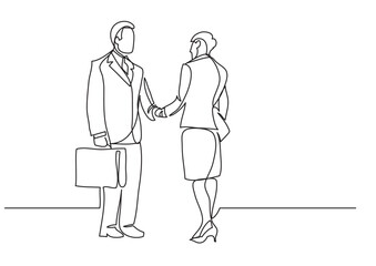 Fototapeta na wymiar continuous line drawing vector illustration with FULLY EDITABLE STROKE of business people meeting handshake